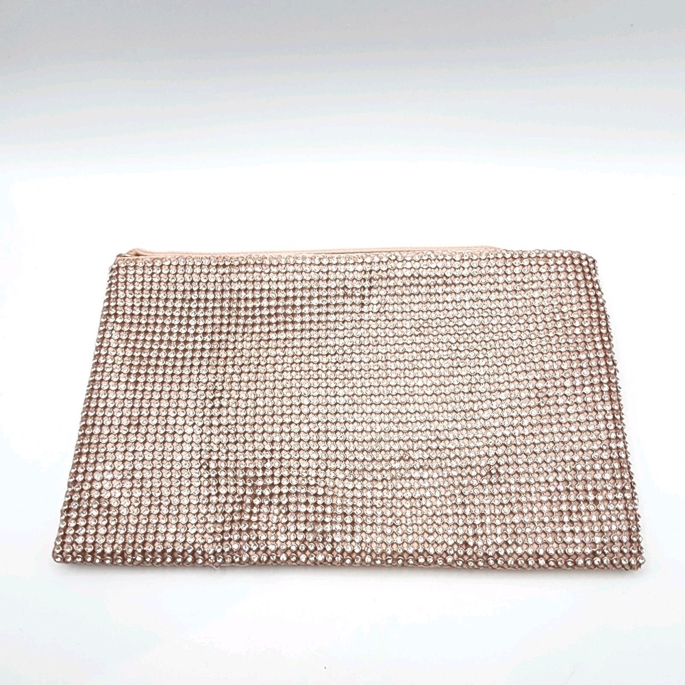 Kendall & James Rose Gold Rhinestone Wristlet Clutch Evening Bag Sparkly Zip...